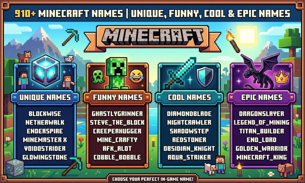 910+ Minecraft Names | Unique, Funny, Cool & Epic Names